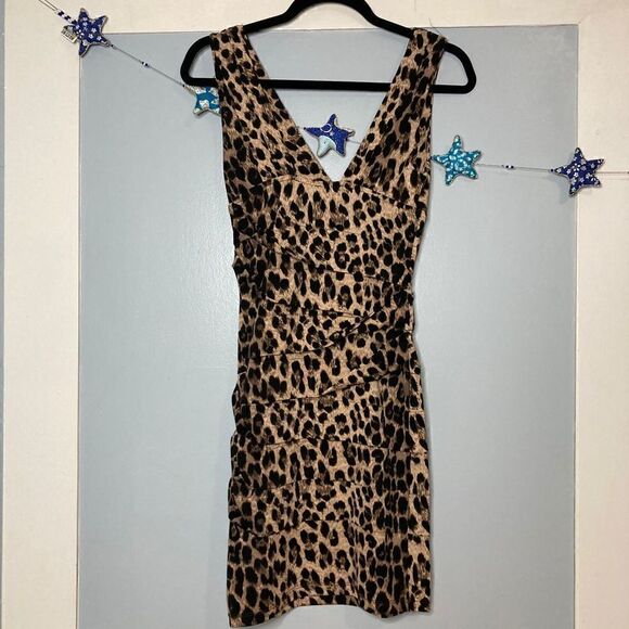 Forever 21, Cheetah Print Cocktail Party Mini Dress, Asymmetrical Layered Pleati - Picture 3 of 7